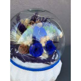 ÖZEL BÜYÜK ÜÇLÜ IŞIKLI MAVİ  SOLMAYAN GÜL